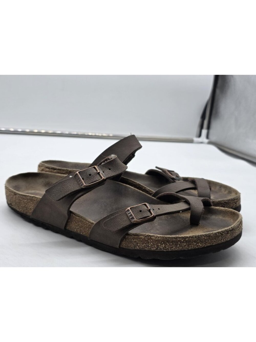 Birkenstock Sandals Womens Size 9 40 Brown Leather Strappy Cork Damage Shoes